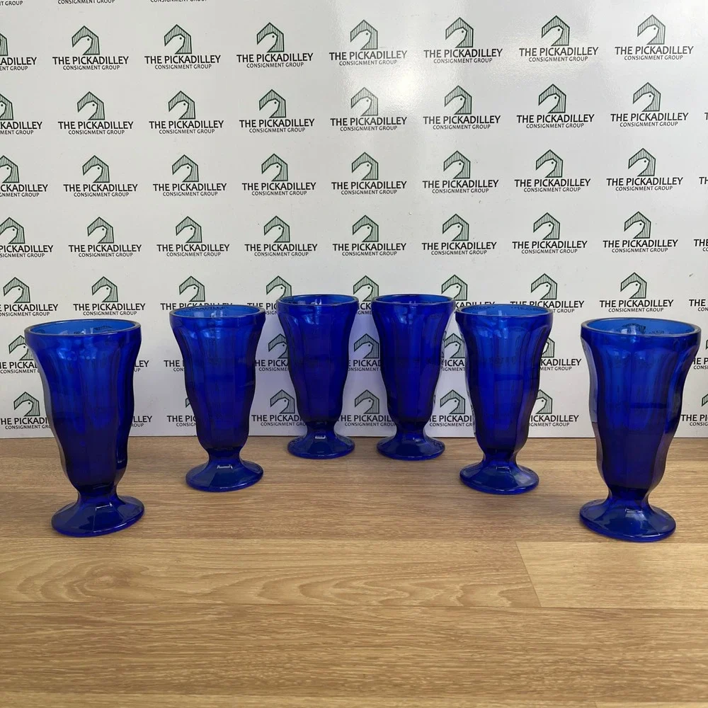Set of 6 Cobalt Blue Glass Milkshake Sundae Glasses Paneled Pedestal 7 Inch